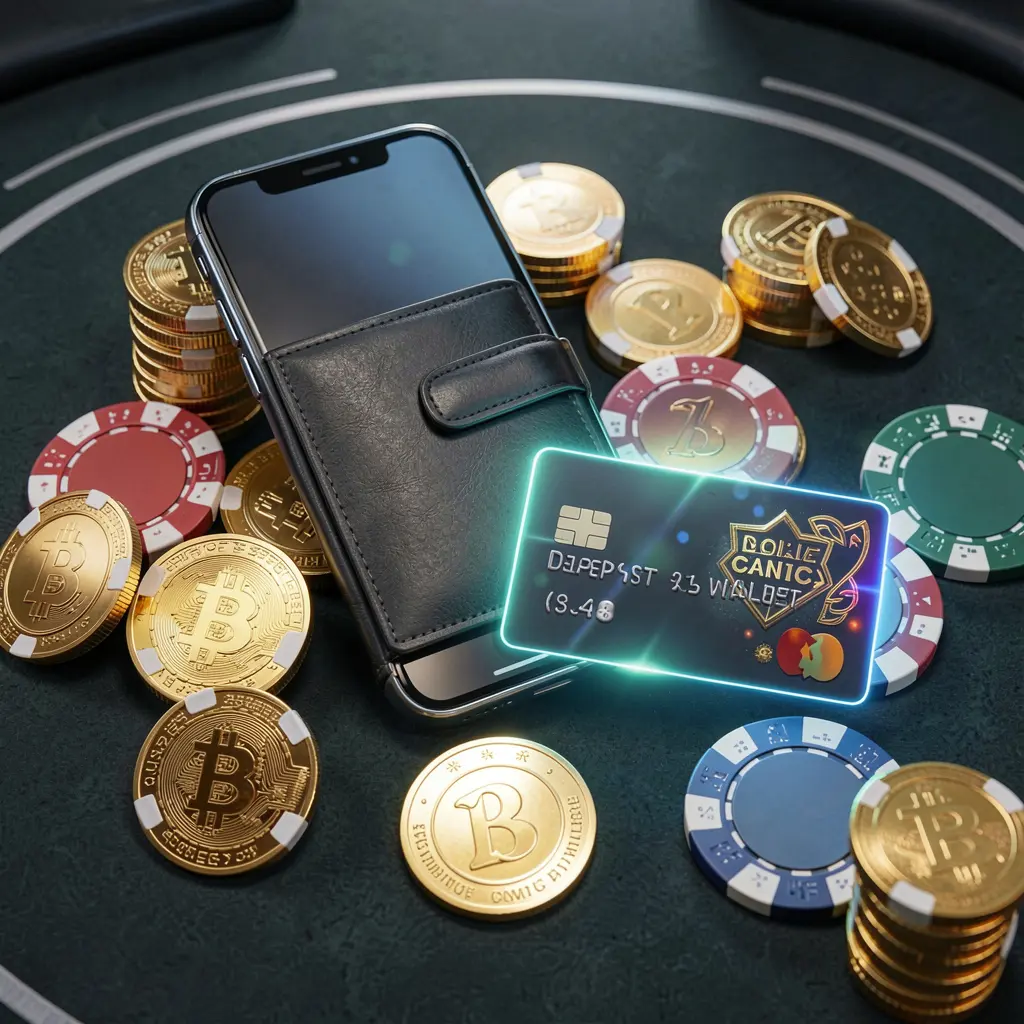 Konsep bonus deposit HT66 yang menampilkan dompet ponsel pintar dengan kartu pembayaran bercahaya, dikelilingi koin emas dan chip poker dalam gaya kasino seluler modern