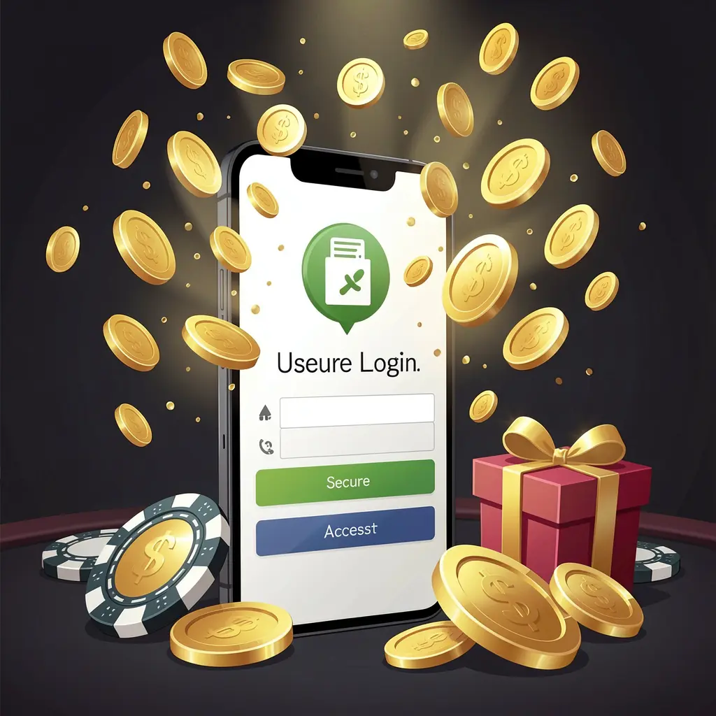 Ilustrasi login pengguna kasino HT66 yang menampilkan ponsel dengan ikon akses aman, koin emas yang meledak dari layar, chip poker dan kotak hadiah di dekatnya pada latar belakang premium gelap