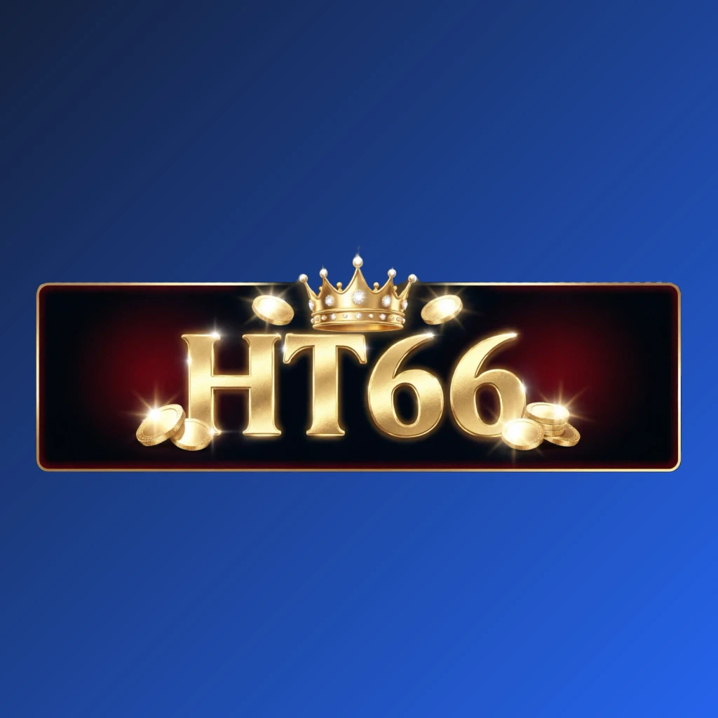 Logo bergaya kasino HT66 dengan huruf emas, elemen mahkota, koin berkilau, suasana permainan mewah, latar belakang transparan, logo wordmark horizontal untuk header situs web
