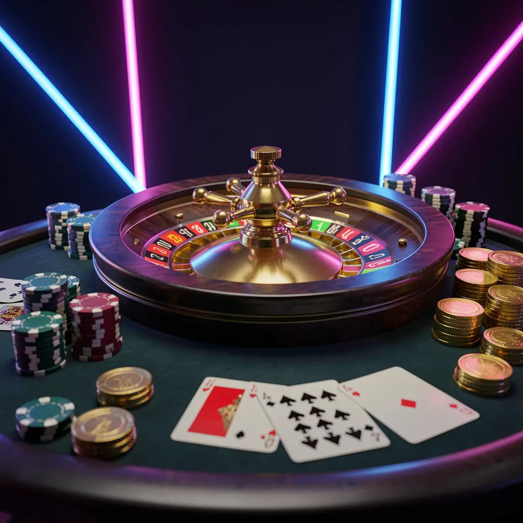 Banner utama beranda kasino online HT66 yang menampilkan meja kasino mewah dengan roda rolet, chip poker, kartu permainan, dan koin emas pada latar belakang premium gelap dengan cahaya neon dalam render 3D sinematik